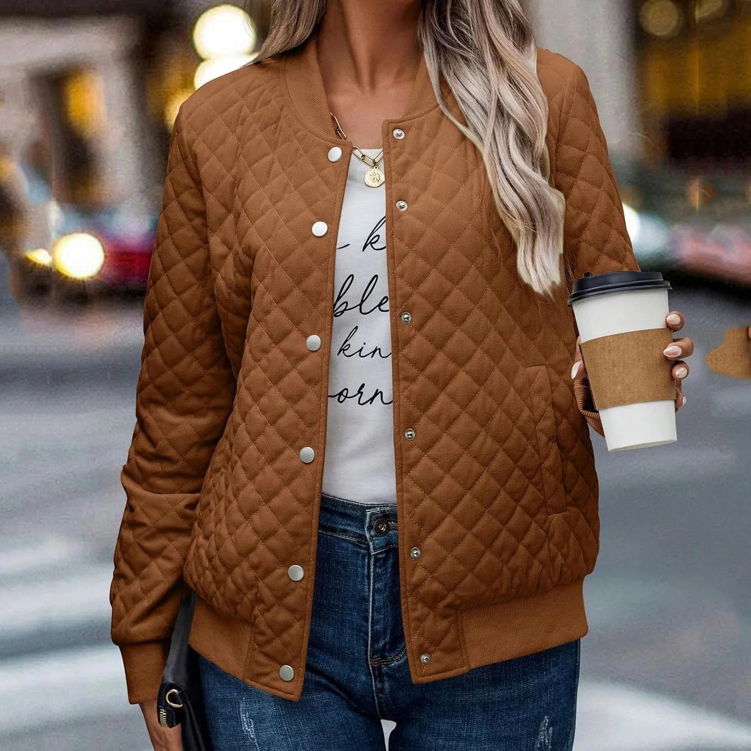 2023 Women's Bomber Jacket Winter Trendy Coats Casual Baseball Coat Button Up Outerwear Lightweight Windbreaker with Pockets