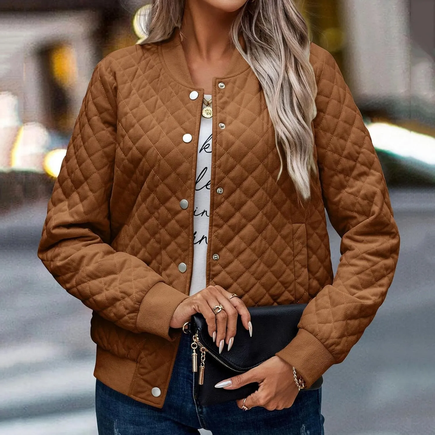 2023 Women's Bomber Jacket Winter Trendy Coats Casual Baseball Coat Button Up Outerwear Lightweight Windbreaker with Pockets