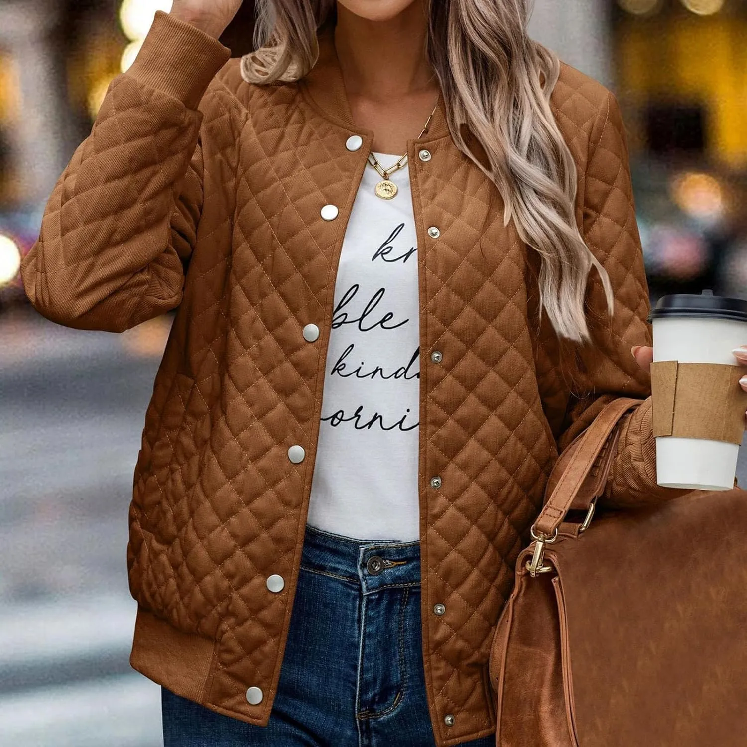 2023 Women's Bomber Jacket Winter Trendy Coats Casual Baseball Coat Button Up Outerwear Lightweight Windbreaker with Pockets