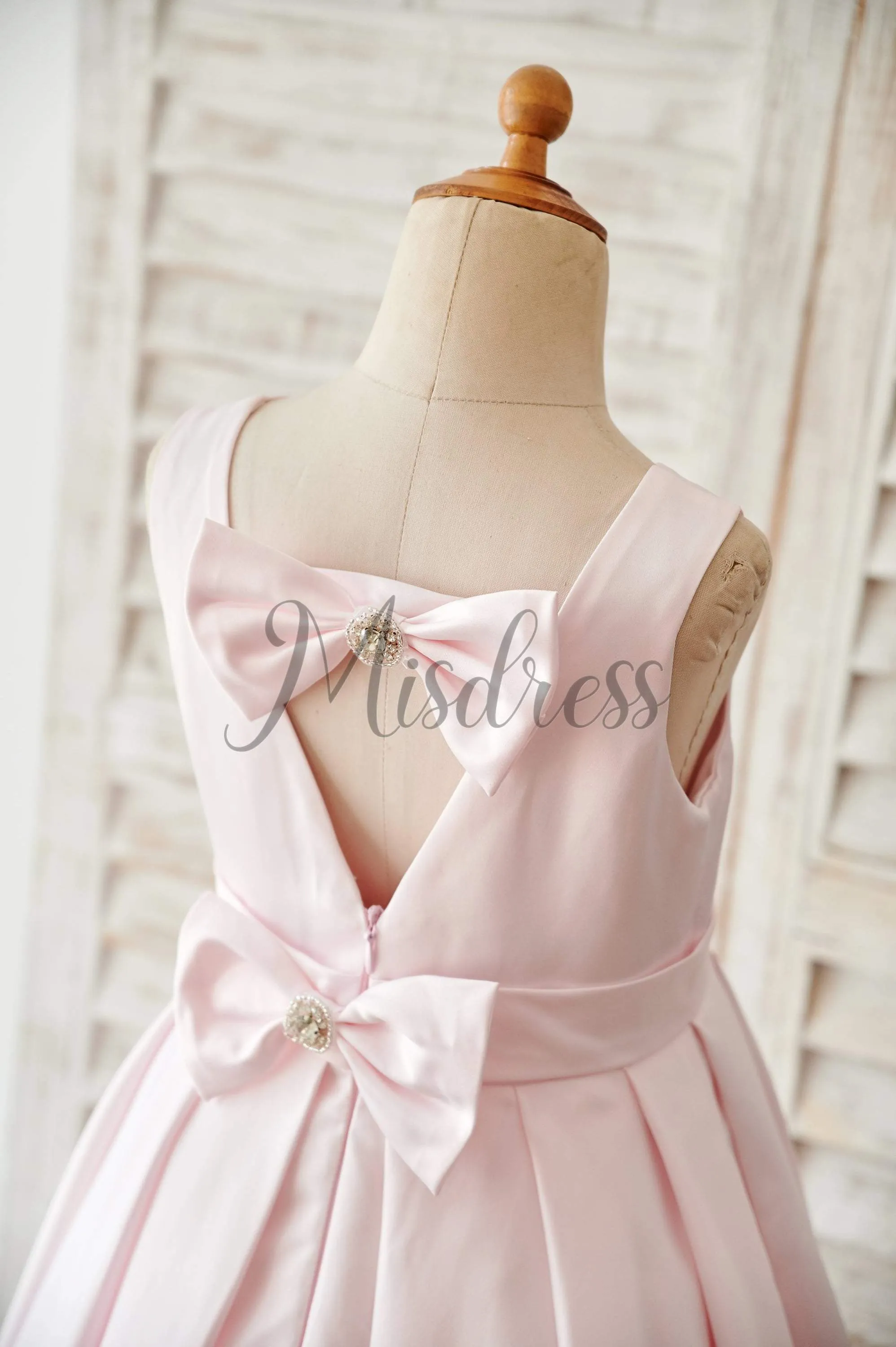 A-line Pink Satin V Back Wedding Flower Girl Dress Pageant Dress, Bows