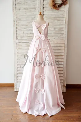 A-line Pink Satin V Back Wedding Flower Girl Dress Pageant Dress, Bows