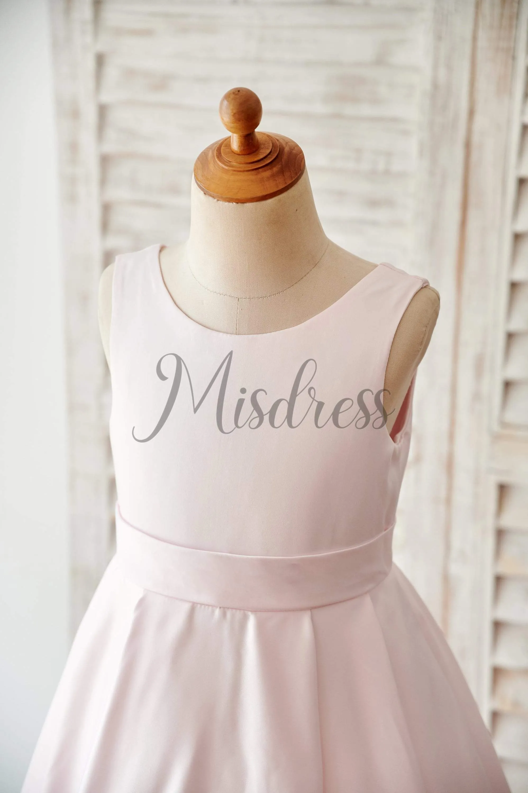 A-line Pink Satin V Back Wedding Flower Girl Dress Pageant Dress, Bows