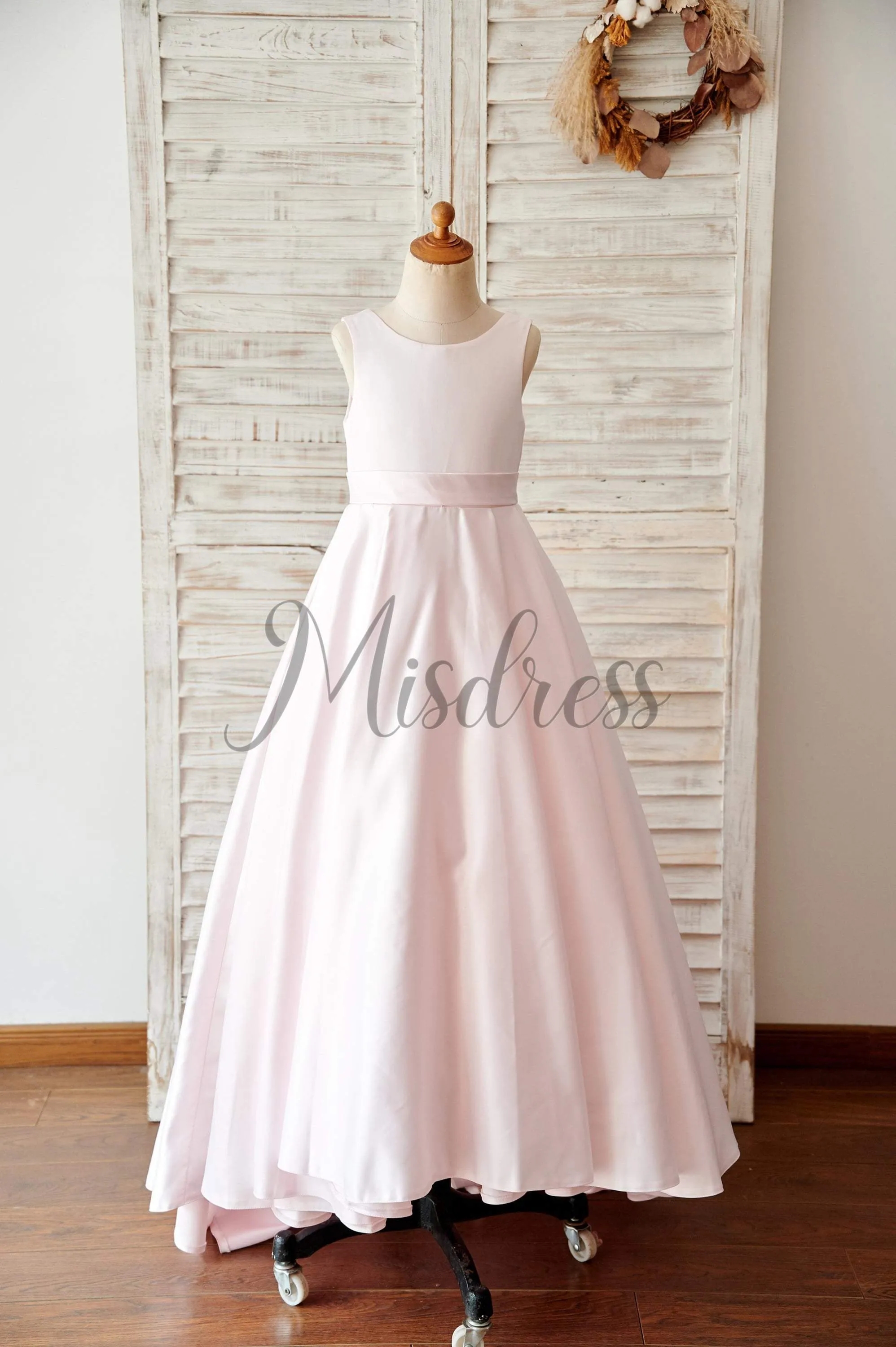 A-line Pink Satin V Back Wedding Flower Girl Dress Pageant Dress, Bows
