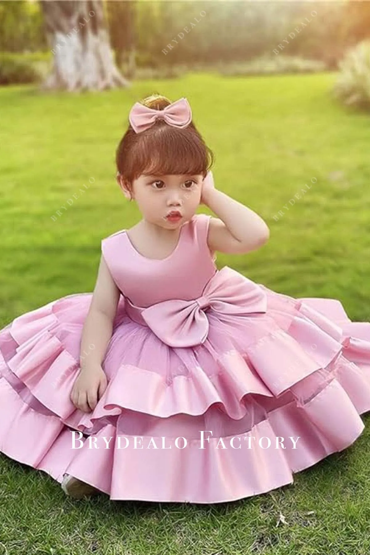 Adorable Big Bow Pink Tiered Satin Tulle Flower Girl Dress