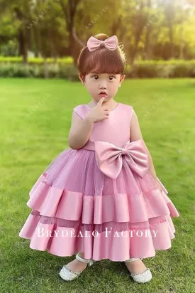 Adorable Big Bow Pink Tiered Satin Tulle Flower Girl Dress