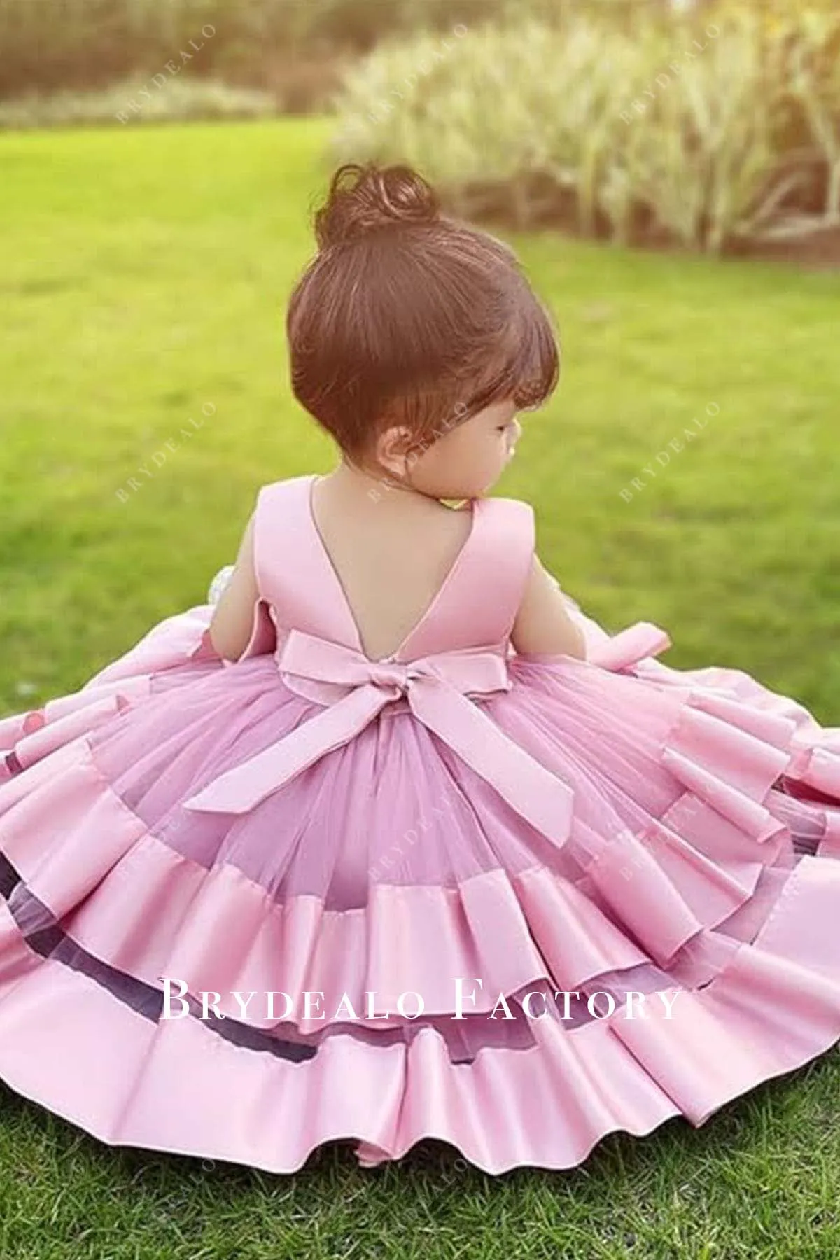 Adorable Big Bow Pink Tiered Satin Tulle Flower Girl Dress