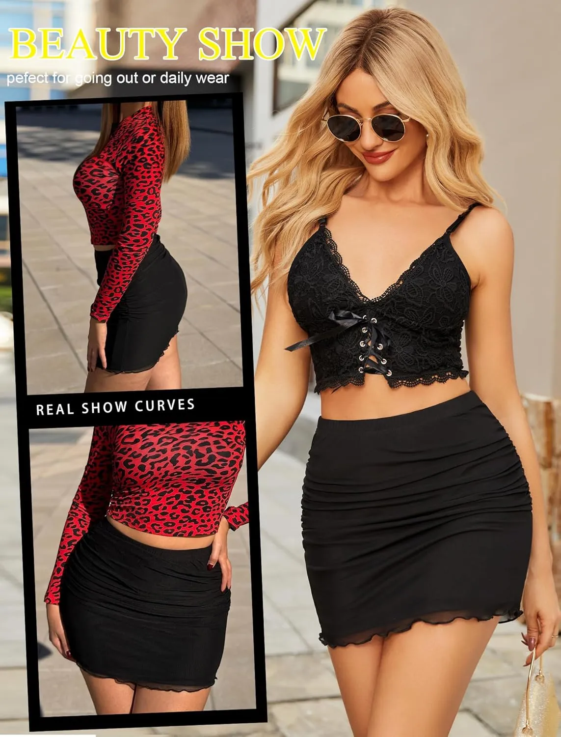 Avidlove Women Sexy Skirt Ruched Bodycon Double Layer Club Skirt Lettuce Trim Skirt Office Skirt Mini Skirt