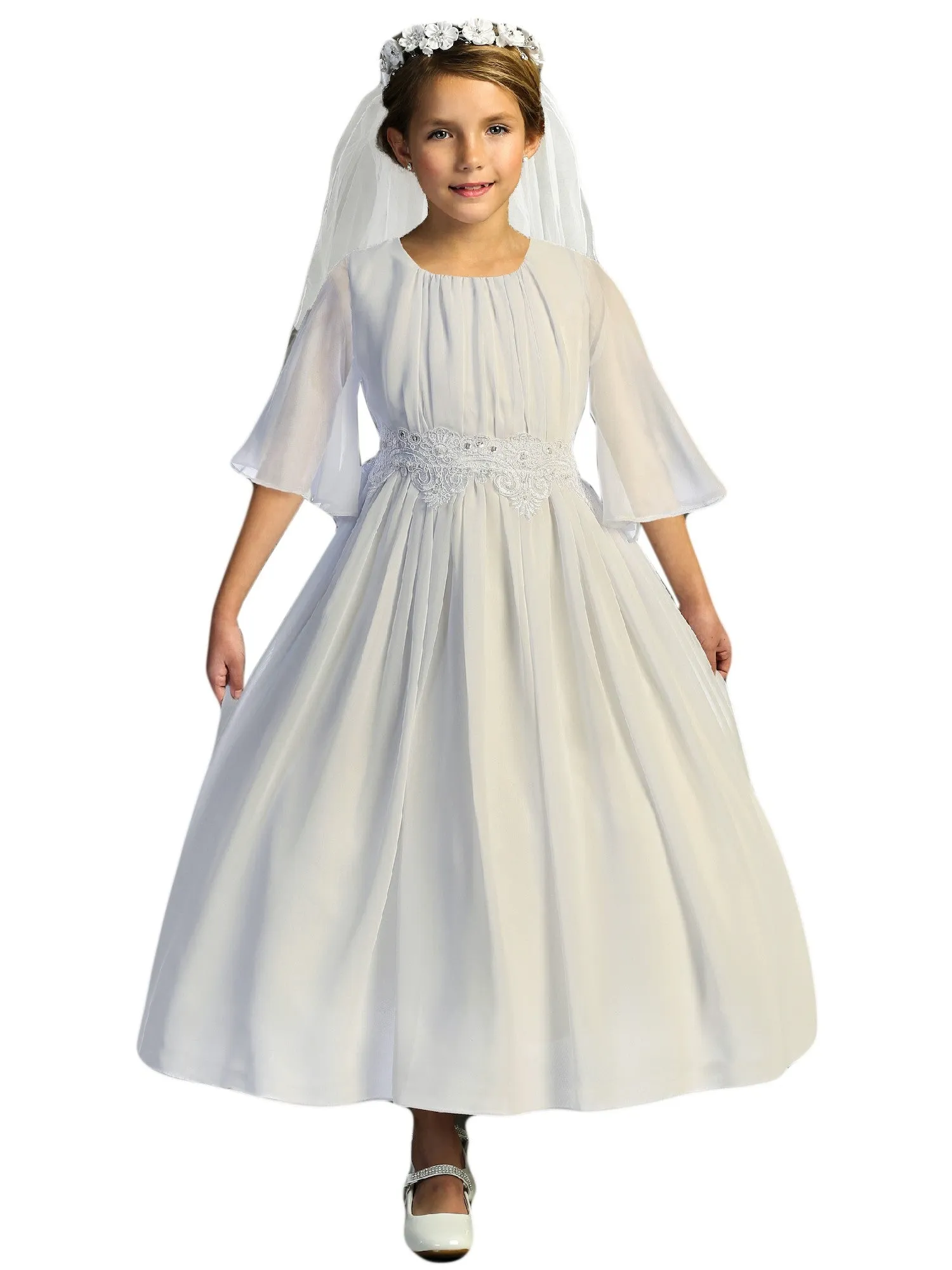 Big Girls White Chiffon Butterfly Sleeve Communion Dress 6-16