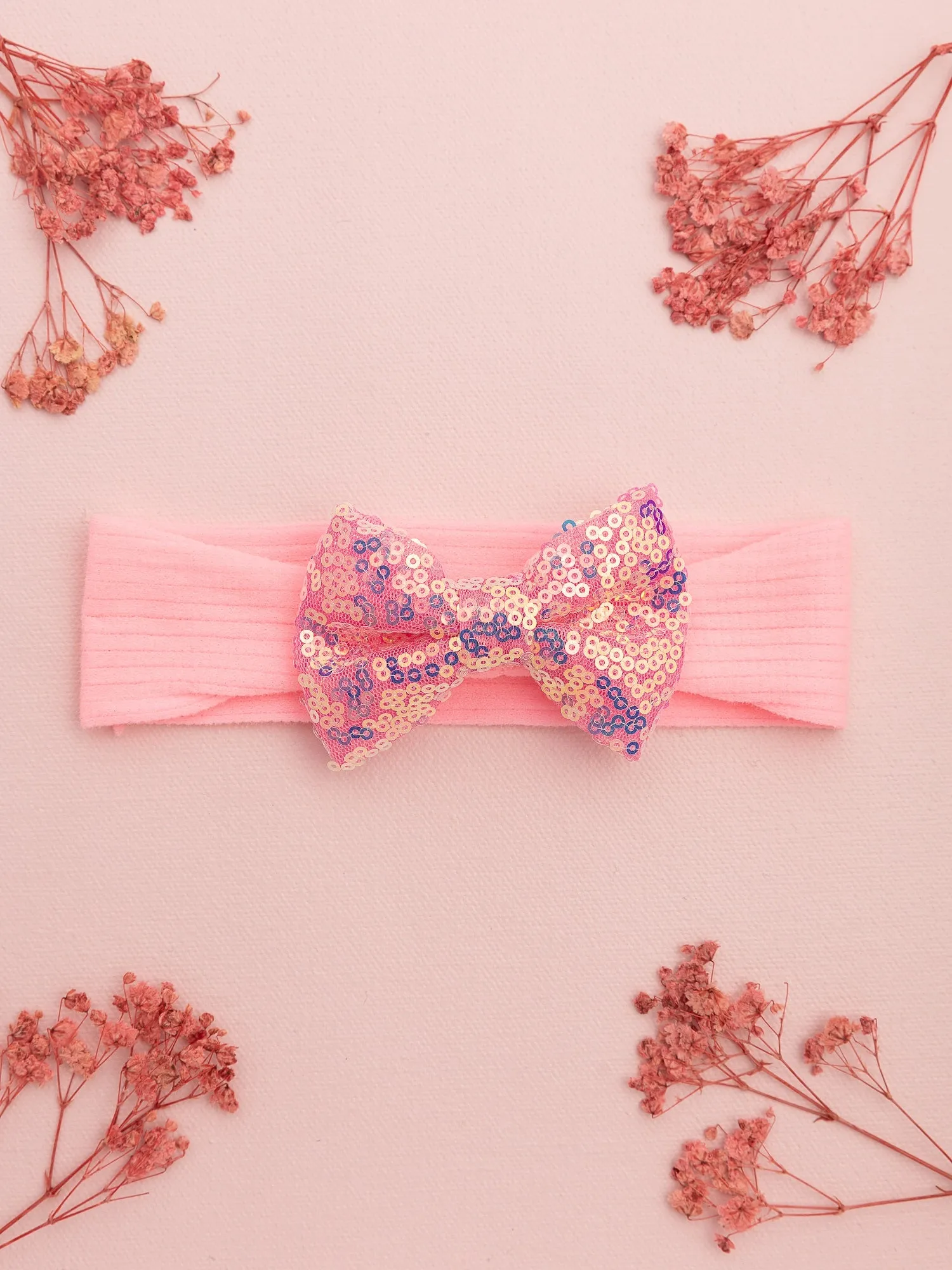 Big Sequined Bow Headband- Light Pink