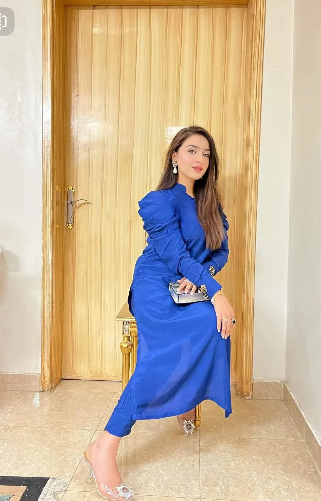 Blue Puffy Sleeves Raw Silk Pret 2 PCs