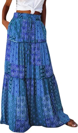 Boho Maxi Skirts for Women 2025 Drawstring High Waisted Tiered Long Flowy Skirt Casual Beach Bohemian A-Line Skirt