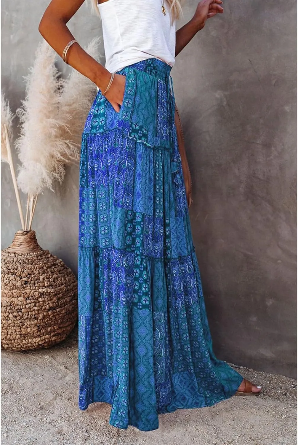 Boho Maxi Skirts for Women 2025 Drawstring High Waisted Tiered Long Flowy Skirt Casual Beach Bohemian A-Line Skirt