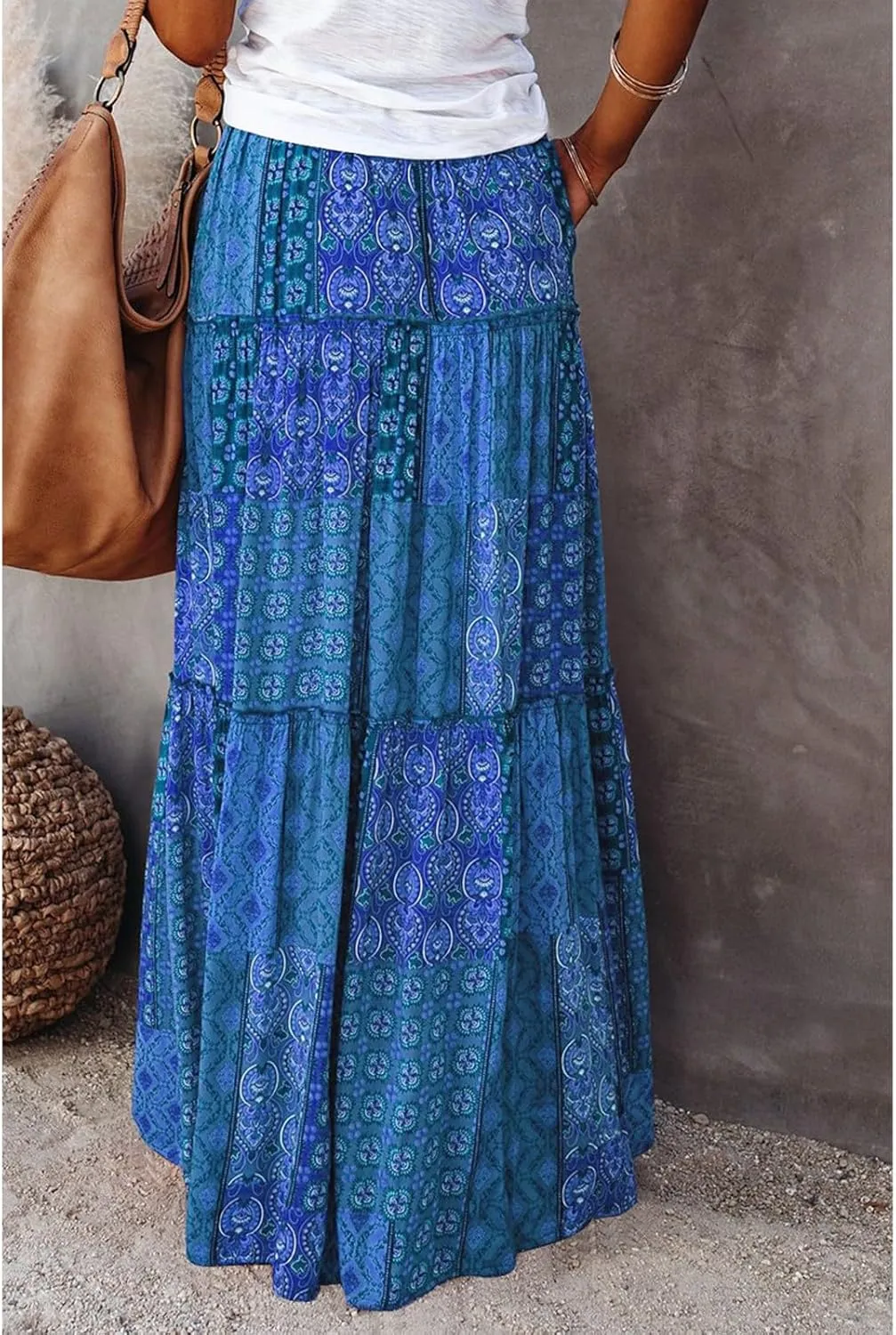 Boho Maxi Skirts for Women 2025 Drawstring High Waisted Tiered Long Flowy Skirt Casual Beach Bohemian A-Line Skirt