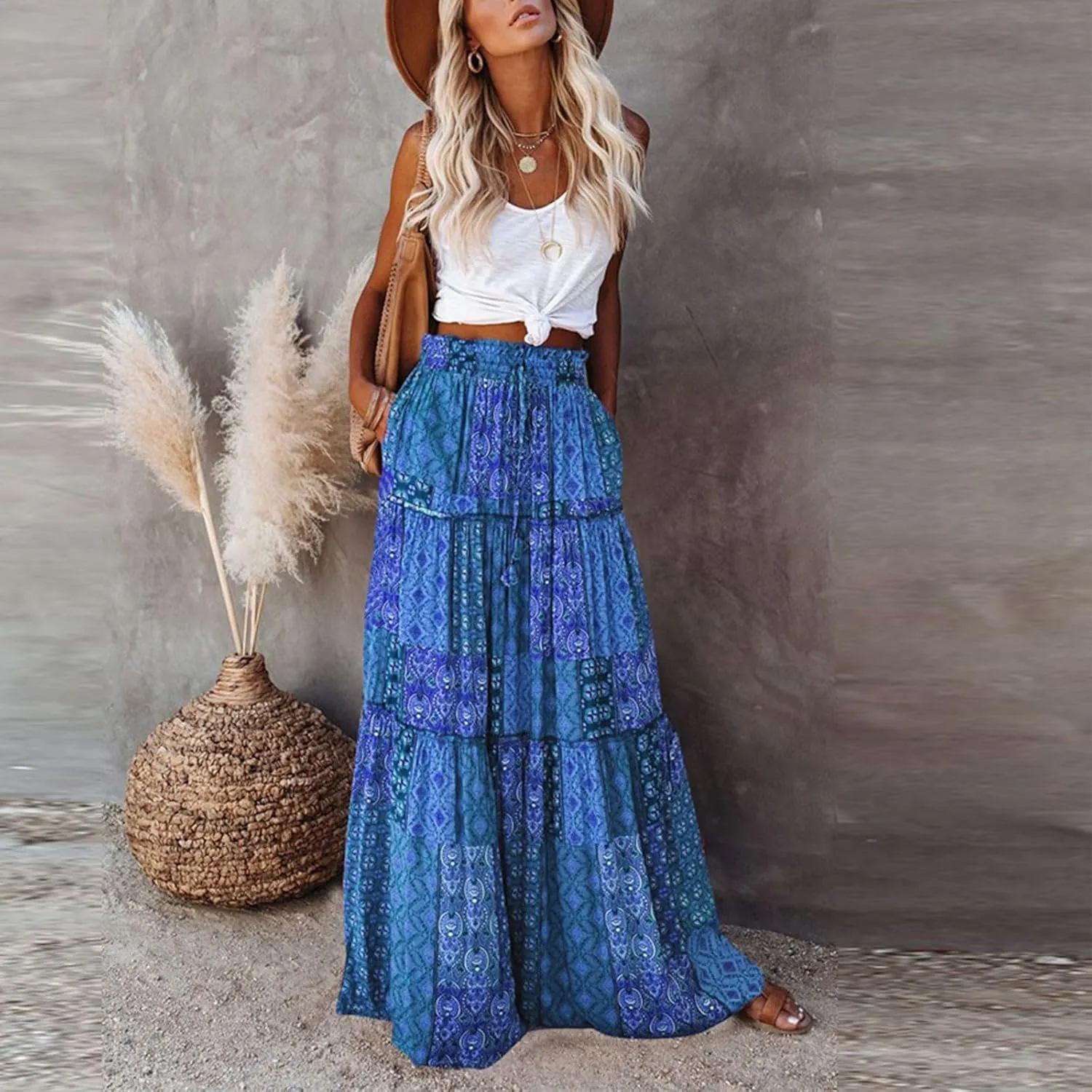 Boho Maxi Skirts for Women 2025 Drawstring High Waisted Tiered Long Flowy Skirt Casual Beach Bohemian A-Line Skirt