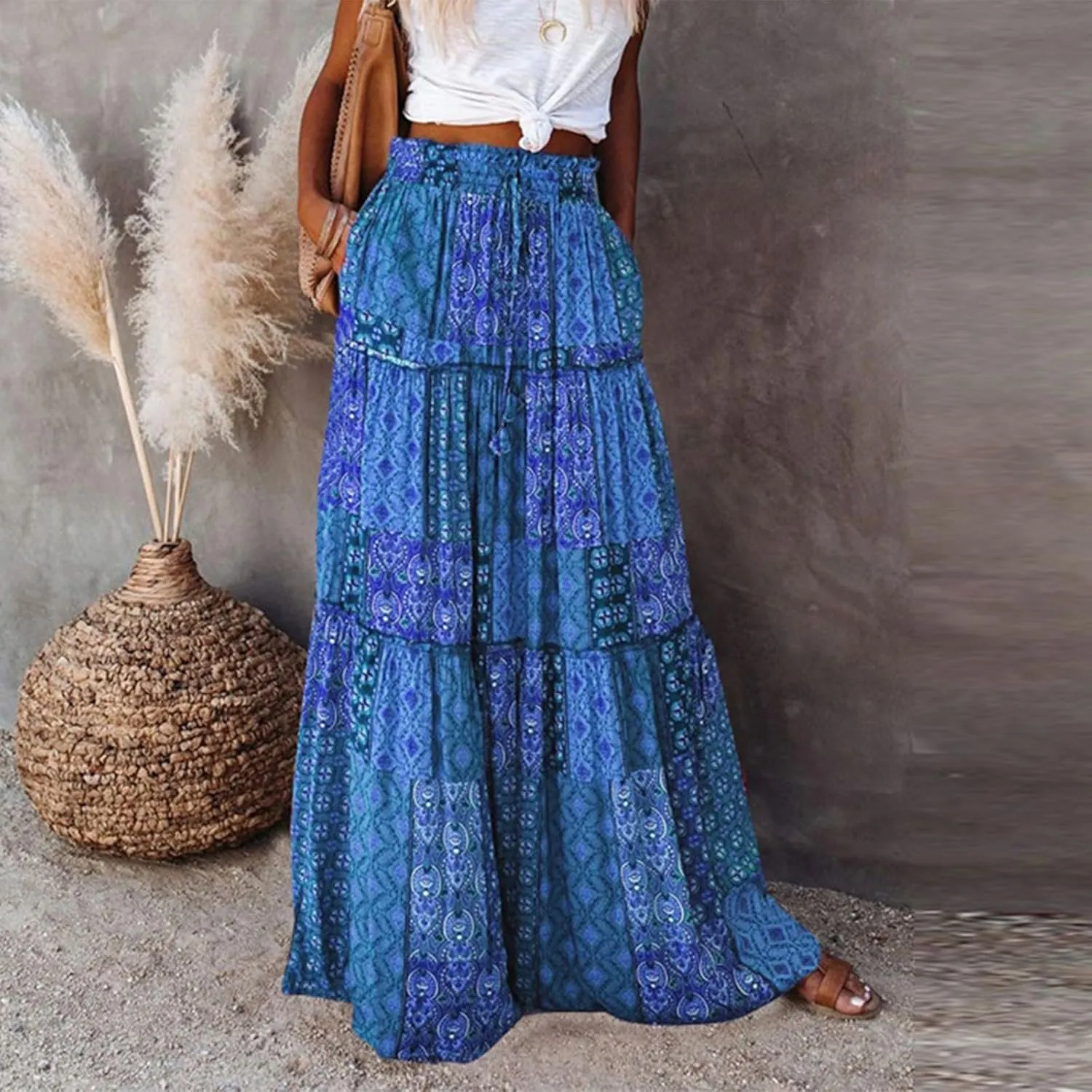 Boho Maxi Skirts for Women 2025 Drawstring High Waisted Tiered Long Flowy Skirt Casual Beach Bohemian A-Line Skirt