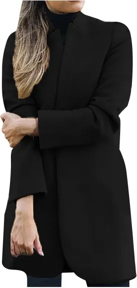 Cardigan for Women Solid Color Long Wool Coat Fashion Lapel Warm Trench Jacket Long Sleeve Overcoat Outerwear