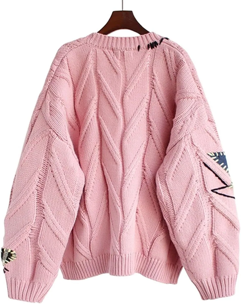CHARTOU Women Chunky Cable Knit Cardigan Embroidery Button Down Sweater Jacket Knitwear