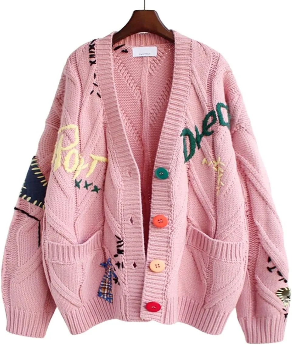 CHARTOU Women Chunky Cable Knit Cardigan Embroidery Button Down Sweater Jacket Knitwear