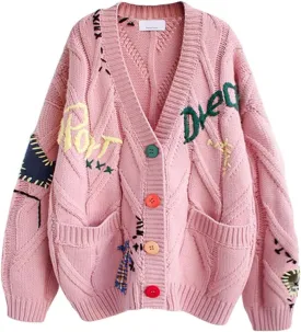 CHARTOU Women Chunky Cable Knit Cardigan Embroidery Button Down Sweater Jacket Knitwear