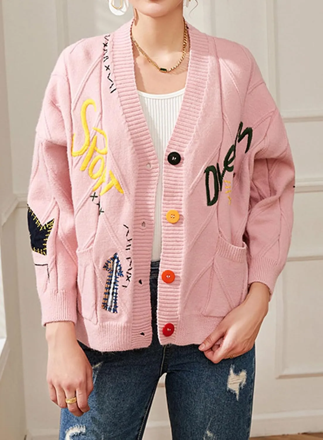 CHARTOU Women Chunky Cable Knit Cardigan Embroidery Button Down Sweater Jacket Knitwear