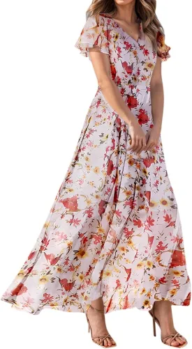 Chiffon Dresses for Women Flutter Sleeve Summer Boho Floral Maxi Dresses Gauze Flowy Garden Wedding Guest Long Dress