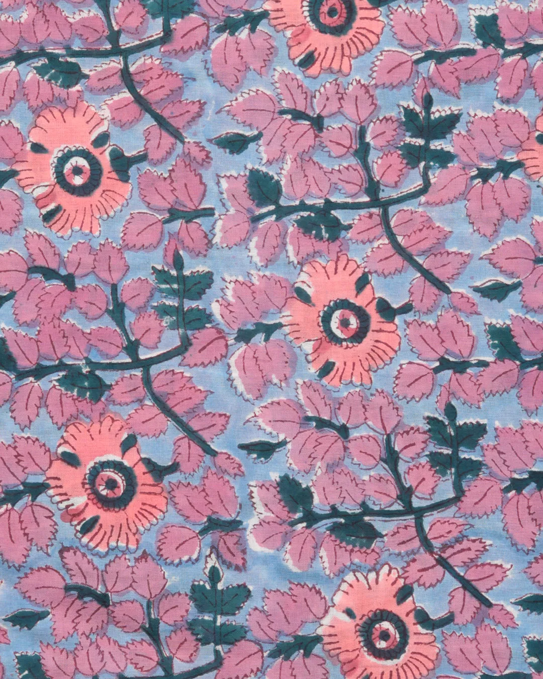 Cobalt Blue Teal Coral White Block Printed Cotton Fabric Per Meter - F001F2404