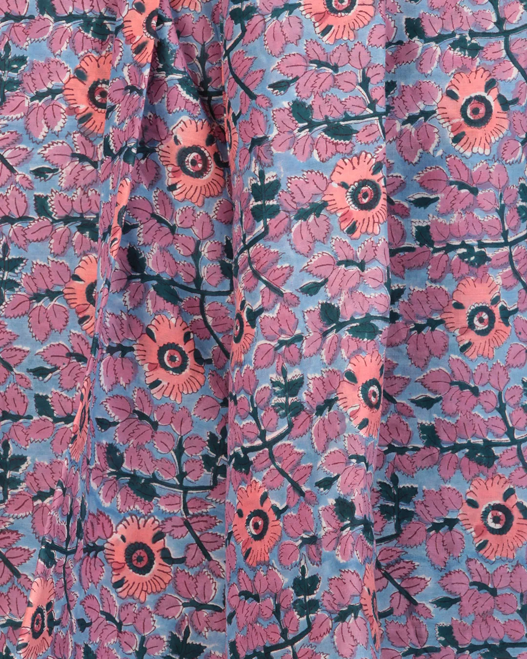 Cobalt Blue Teal Coral White Block Printed Cotton Fabric Per Meter - F001F2404