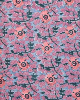Cobalt Blue Teal Coral White Block Printed Cotton Fabric Per Meter - F001F2404