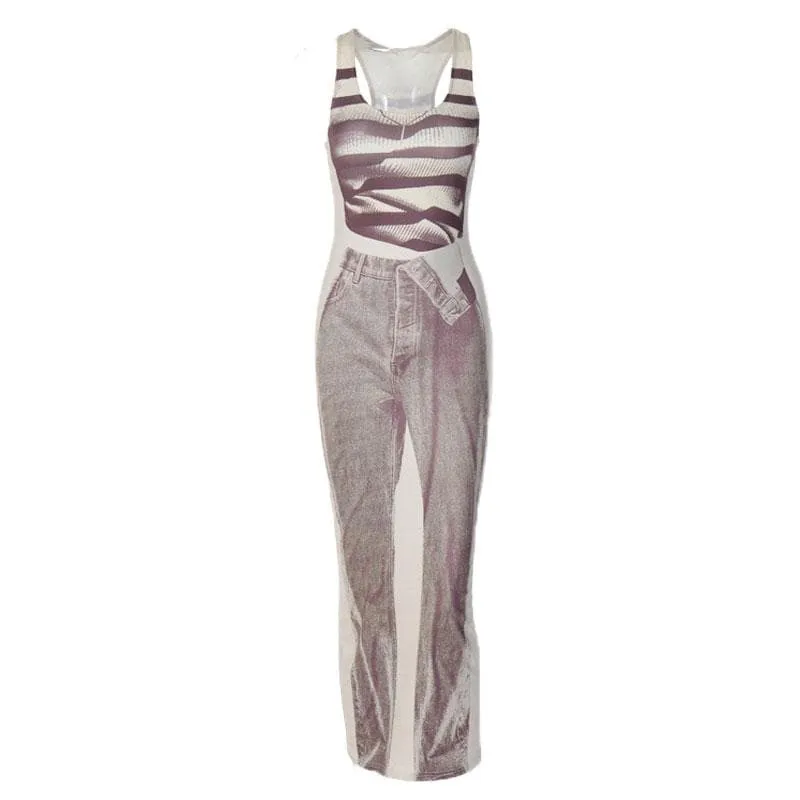 Contrast print sleeveless u neck maxi dress