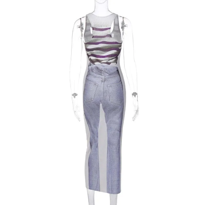 Contrast print sleeveless u neck maxi dress