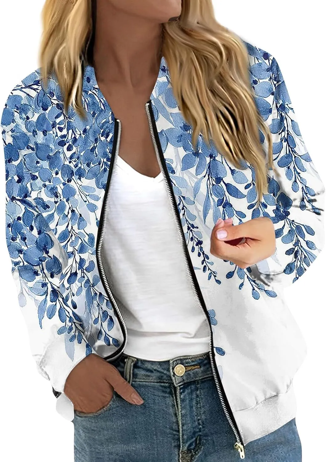 COTECRAM Bomber Jacket Women 2024 Causal Floral Zip Up Coats Long Sleeve Stand Collar Fall Jackets Lightweight Outerwear Tops