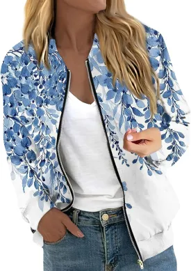 COTECRAM Bomber Jacket Women 2024 Causal Floral Zip Up Coats Long Sleeve Stand Collar Fall Jackets Lightweight Outerwear Tops