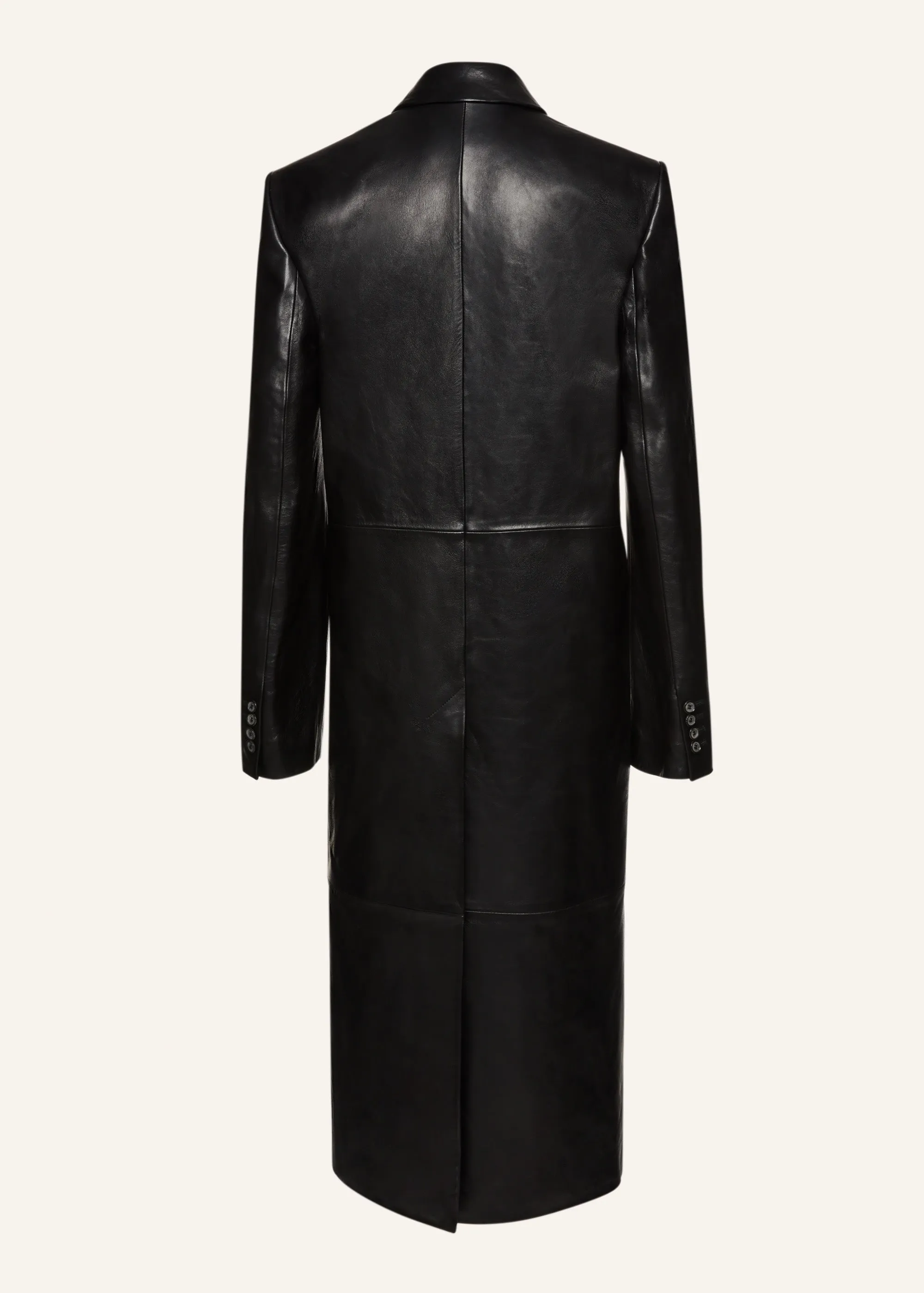 Double-breasted leather coat in black