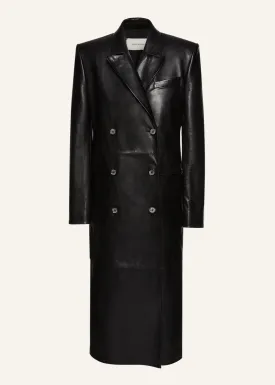 Double-breasted leather coat in black