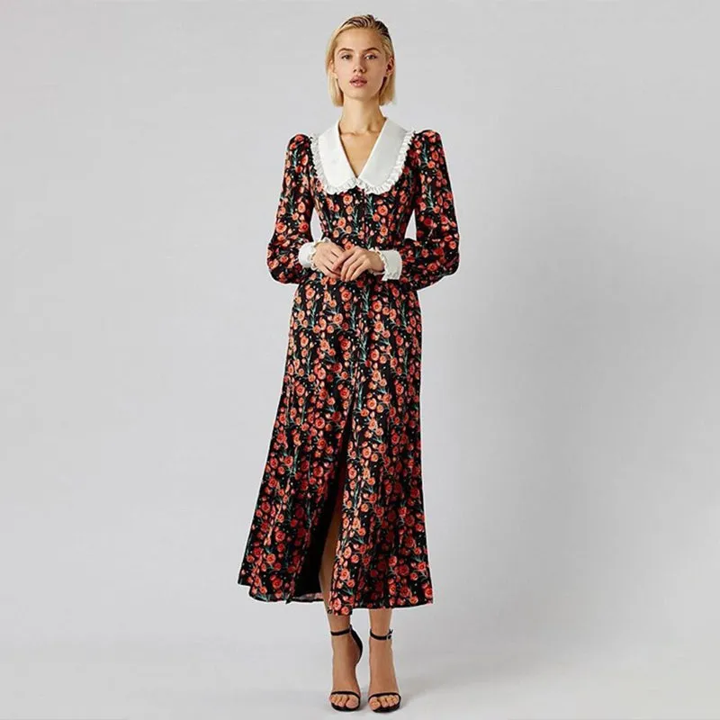 Elegant Vintage Floral Long Sleeve Dress