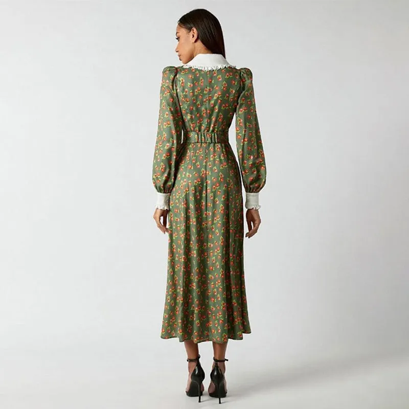 Elegant Vintage Floral Long Sleeve Dress