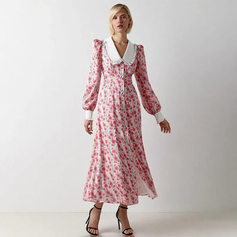 Elegant Vintage Floral Long Sleeve Dress