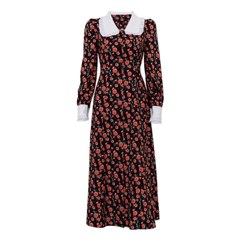 Elegant Vintage Floral Long Sleeve Dress