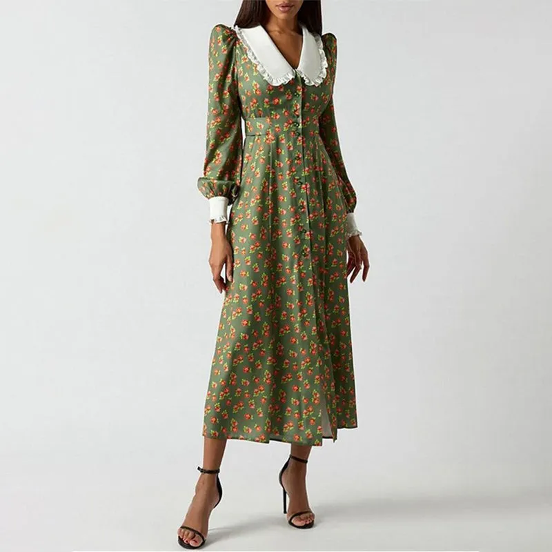 Elegant Vintage Floral Long Sleeve Dress