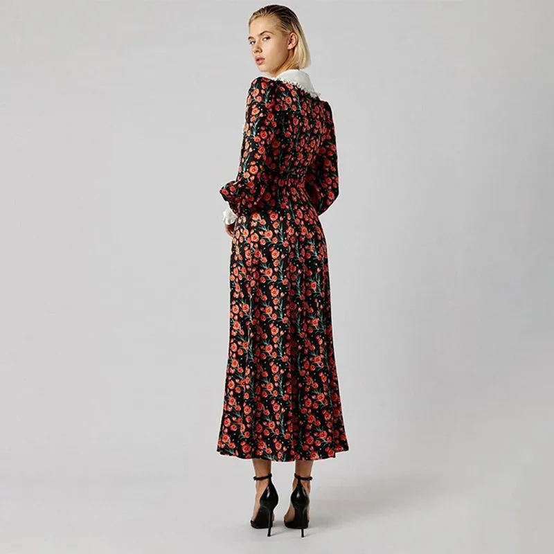 Elegant Vintage Floral Long Sleeve Dress