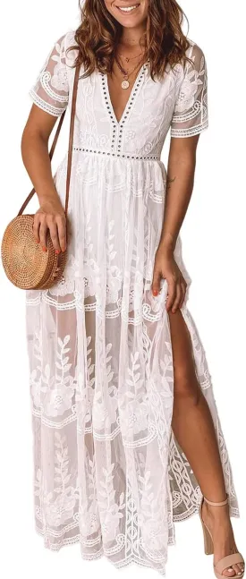 Eleter Women's Deep V-Neck Lace Romper Short Sleeve Long Dress