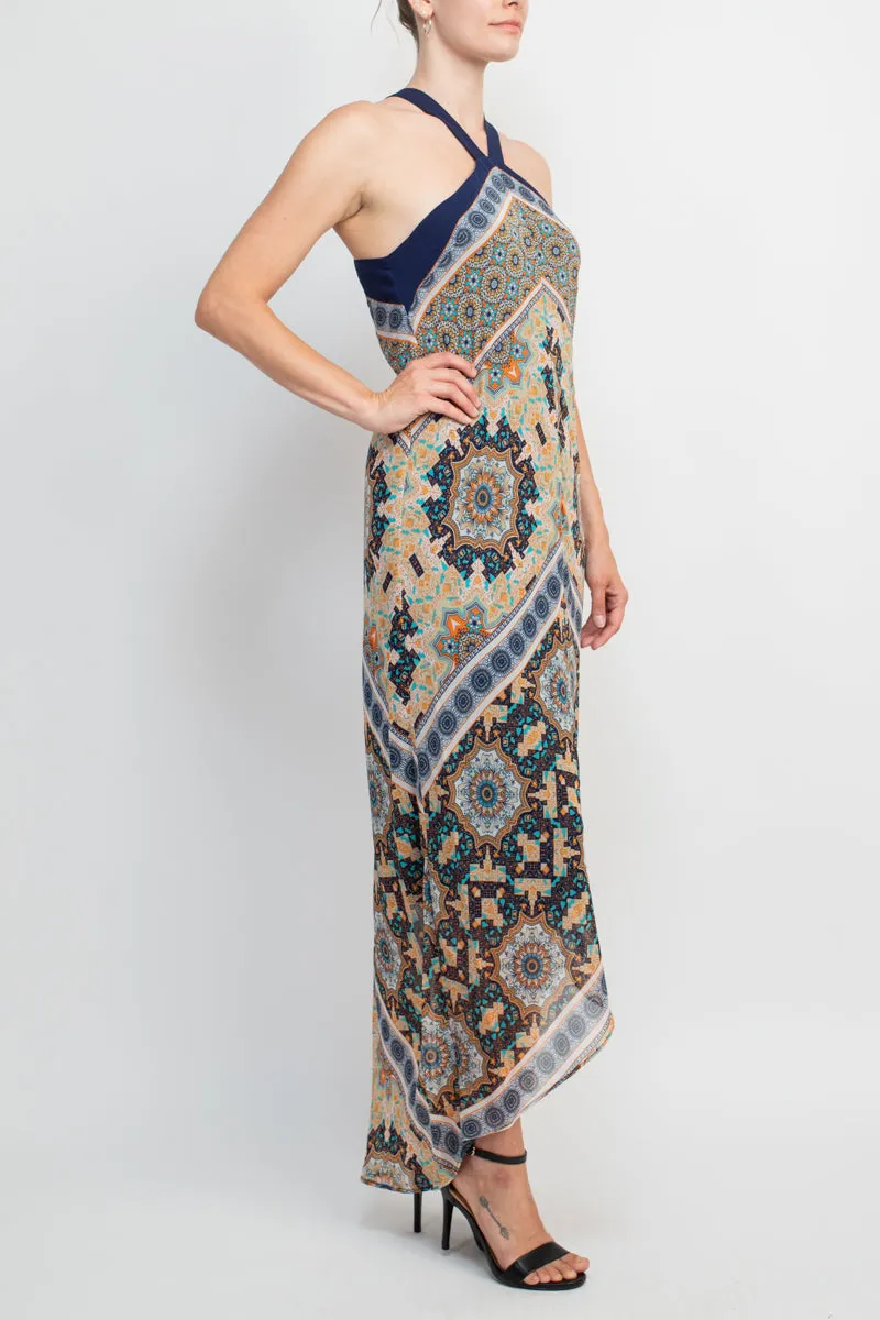 Emma & Michelle Crossed Neck Sleeveless Multi Print High Low Hem Chiffon Dress