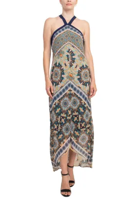 Emma & Michelle Crossed Neck Sleeveless Multi Print High Low Hem Chiffon Dress