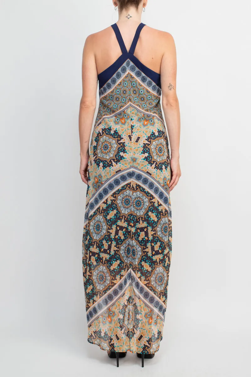 Emma & Michelle Crossed Neck Sleeveless Multi Print High Low Hem Chiffon Dress