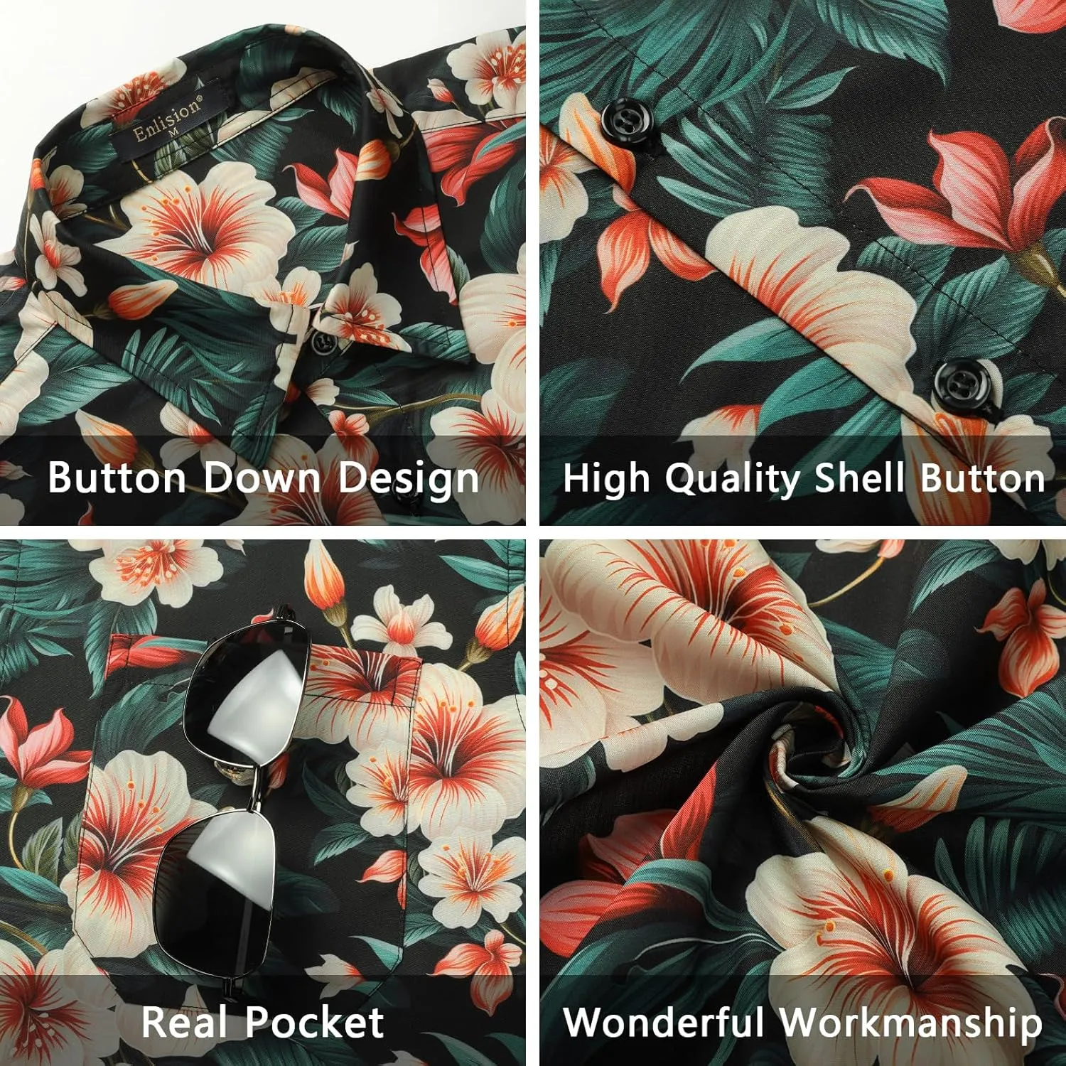 Enlison Men's Hawaiian Shirt Short Sleeve Casual Summer Beach Aloha Shirt Floral Button Down Tropical Hawaii Shirts