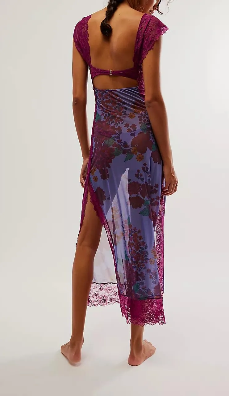 Floral Lace Maxi Slip Dress Summer Sleeveless Backless Bodycon Dress Cut Out Spaghetti Strap Long Dress