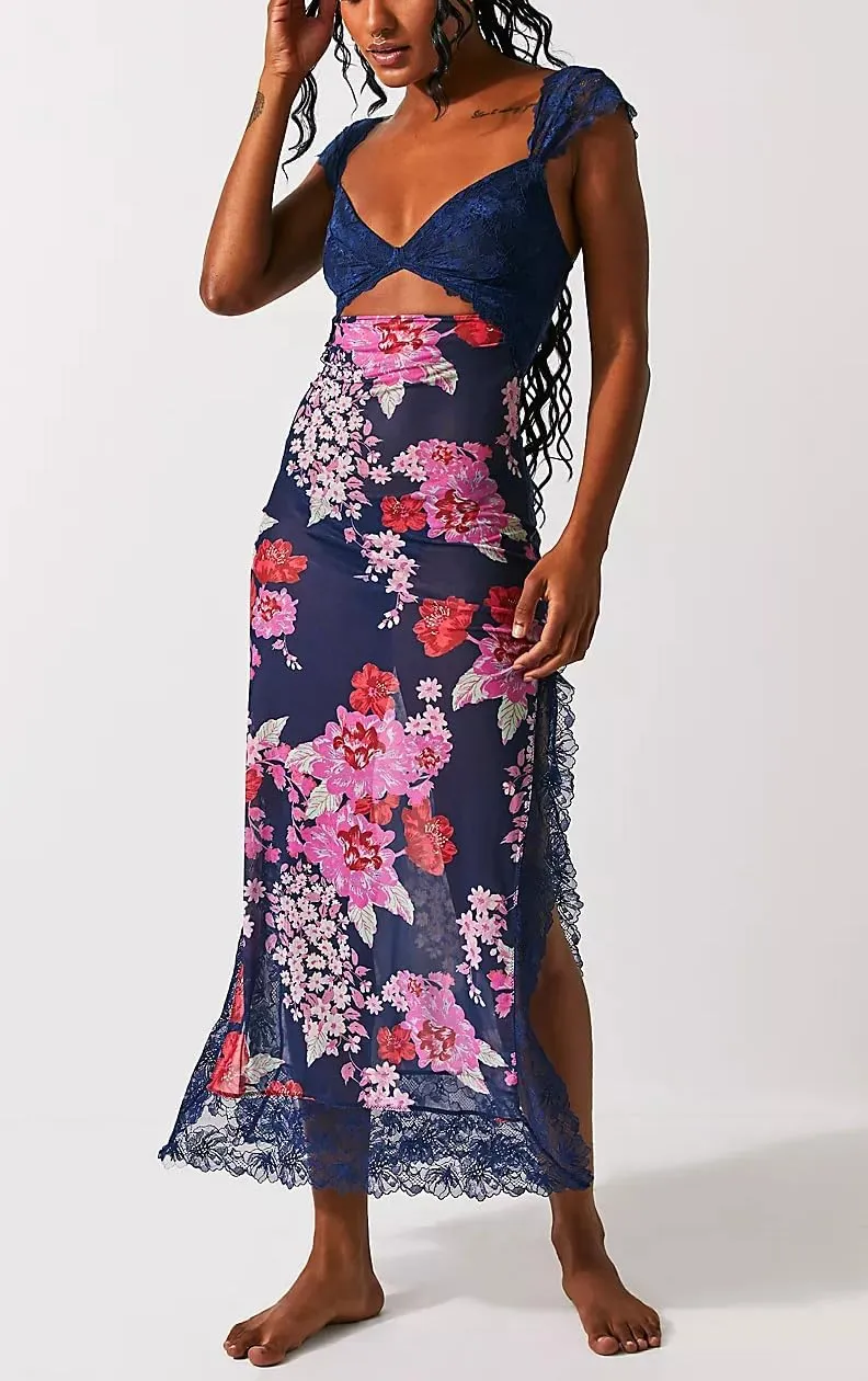 Floral Lace Maxi Slip Dress Summer Sleeveless Backless Bodycon Dress Cut Out Spaghetti Strap Long Dress