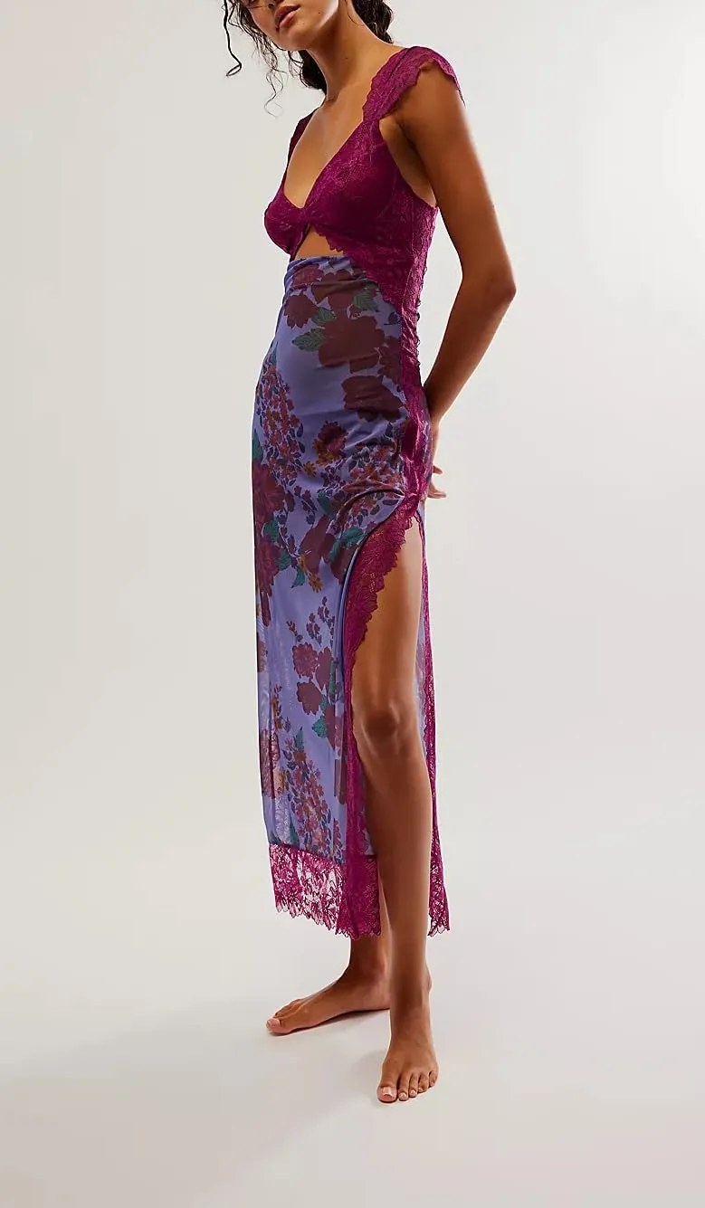 Floral Lace Maxi Slip Dress Summer Sleeveless Backless Bodycon Dress Cut Out Spaghetti Strap Long Dress