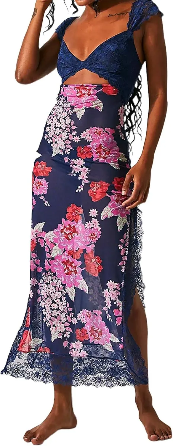 Floral Lace Maxi Slip Dress Summer Sleeveless Backless Bodycon Dress Cut Out Spaghetti Strap Long Dress
