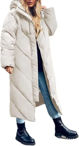 Flygo Womens Long Puffer Coat Long Sleeve Padded Winter Down Coats Hooded Parka Jacket